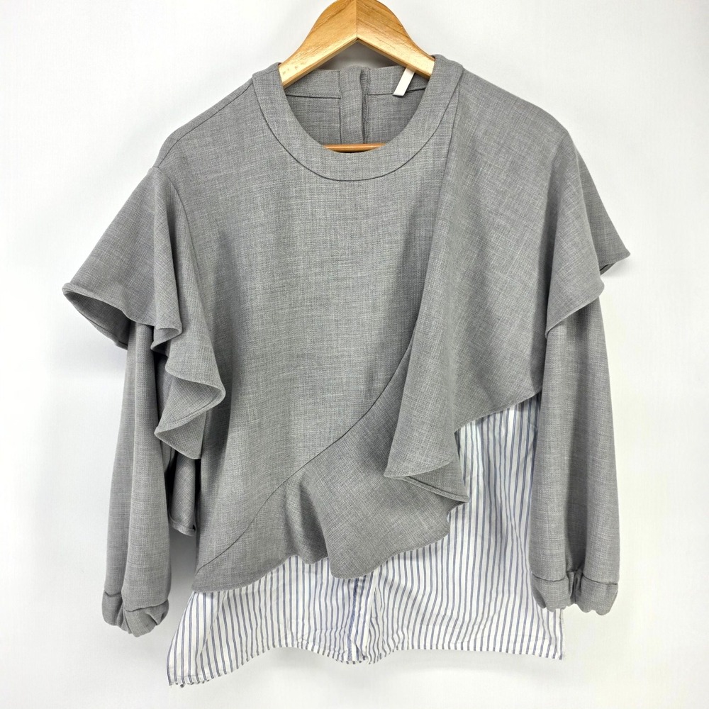 Zara Top Womens Small Gray Ruffle Mixed Media Striped Layered Blouse Trafaluc